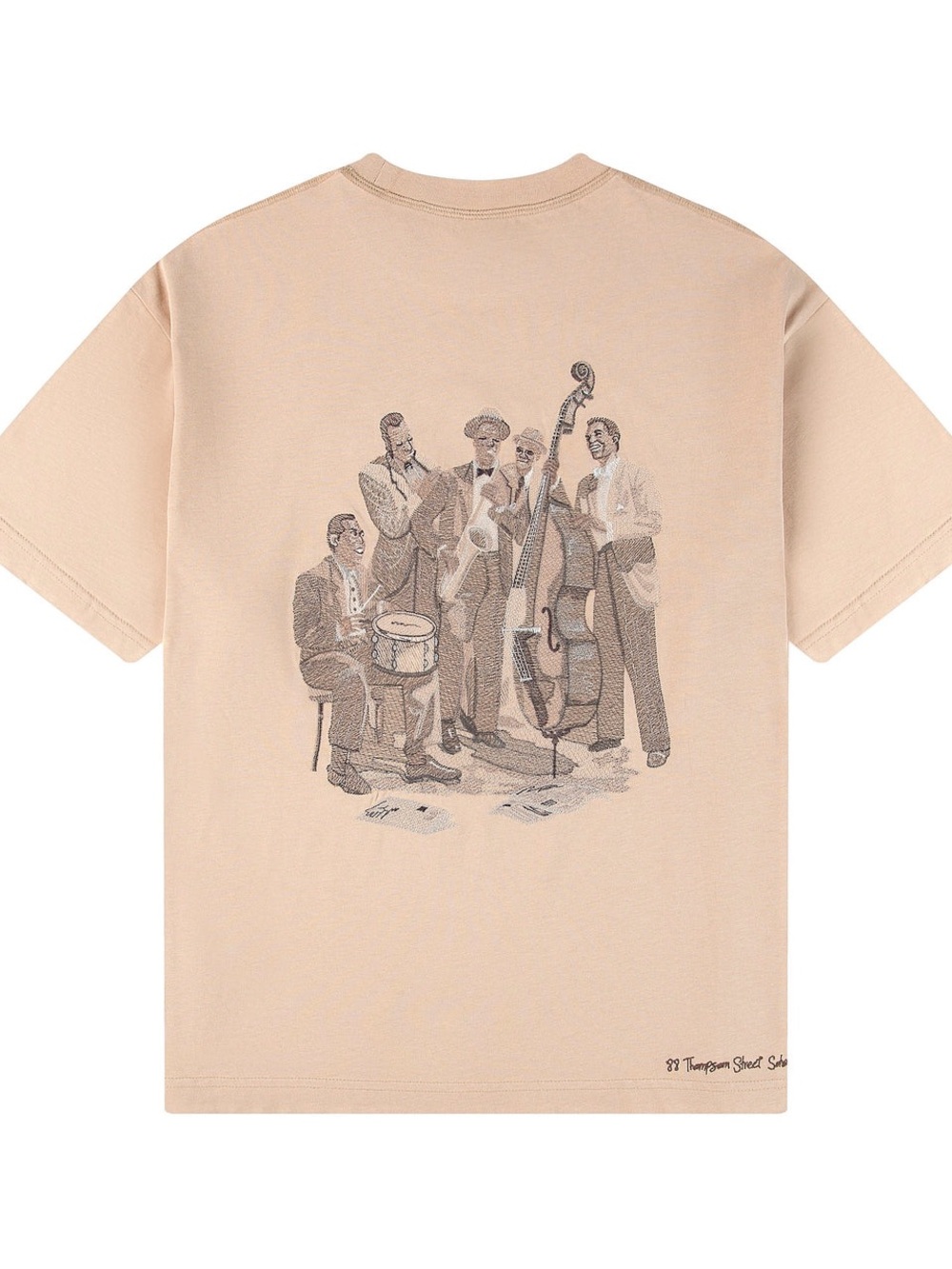 Derschutze Jazz" T-Shirt beige Embroidered Short Sleeve Crewneck Tee Mens *945